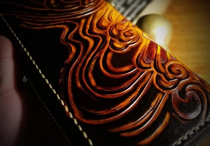 Handmade Leather Mens Tooled Buddha&Demon Chain Biker Wallet Cool Leather Wallet Long Clutch Wallets for Men