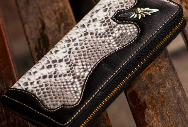Handmade leather python skin biker wallet clutch zip long wallet leather men phone