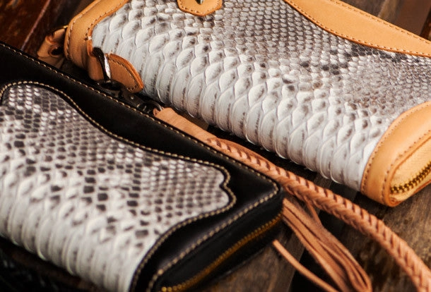 Handmade leather python skin biker wallet clutch zip long wallet leather men phone