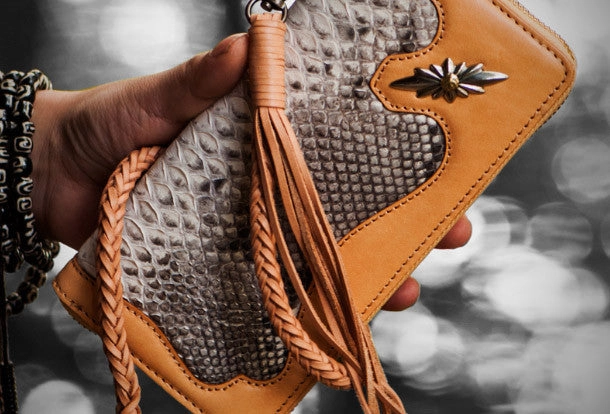 Handmade leather python skin biker wallet clutch zip long wallet leather men phone