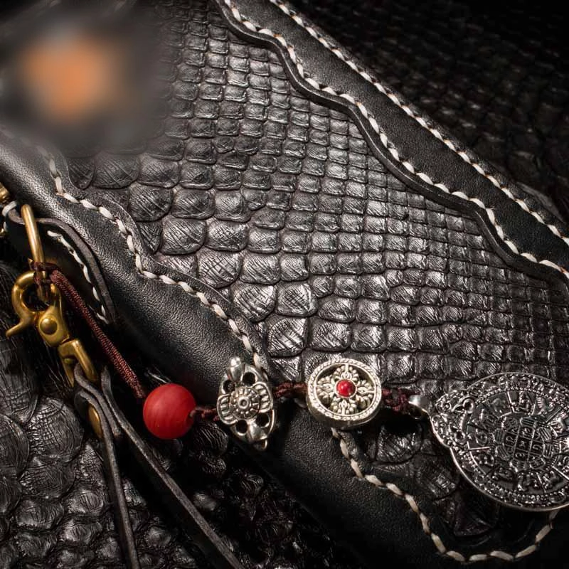 Handmade Leather Python Skin Mens Chain Biker Wallet Cool Leather Wallet Long Phone Wallets for Men