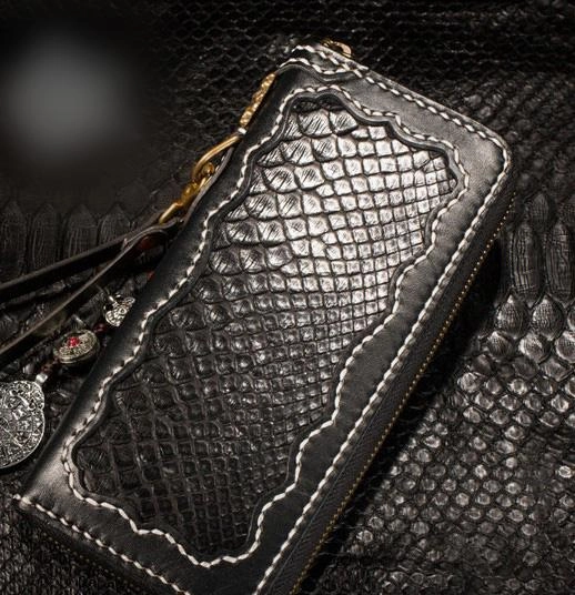 Handmade Leather Python Skin Mens Chain Biker Wallet Cool Leather Wallet Long Phone Wallets for Men