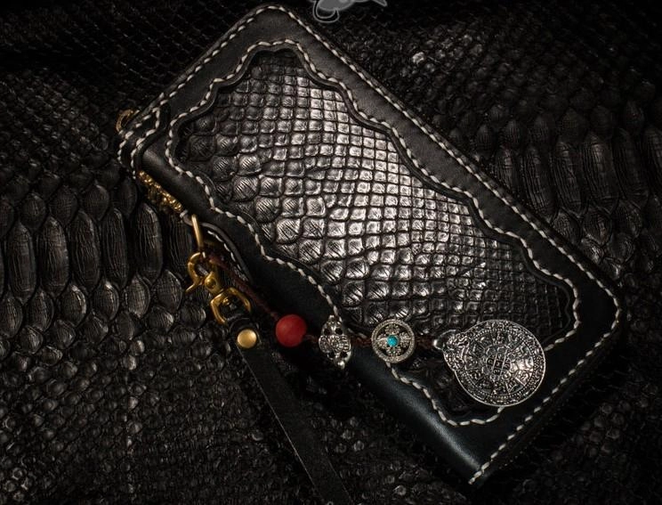 Handmade Leather Python Skin Mens Chain Biker Wallet Cool Leather Wallet Long Phone Wallets for Men