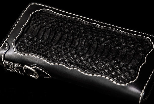 Handmade leather raw python skin biker wallet long wallet black leather chain wallet for men