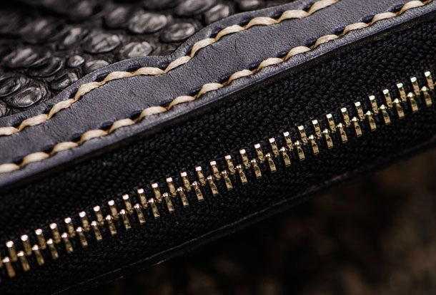 Handmade leather raw python skin biker wallet long wallet black leather chain wallet for men