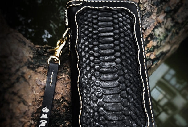 Handmade leather raw python skin biker wallet long wallet black leather chain wallet for men