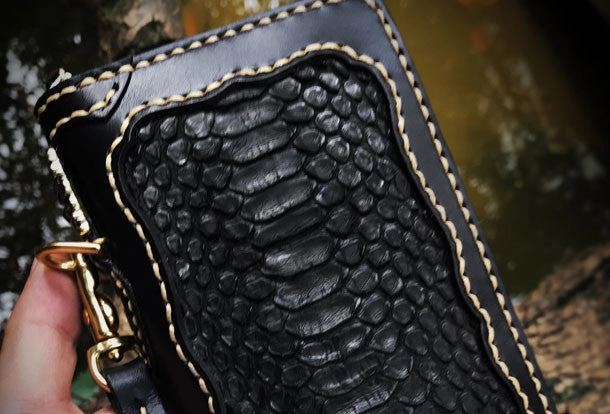 Handmade leather raw python skin biker wallet long wallet black leather chain wallet for men