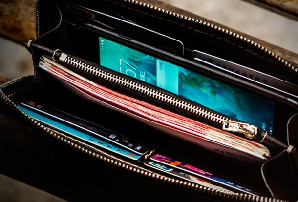 Handmade leather raw python skin biker wallet long wallet black leather chain wallet for men