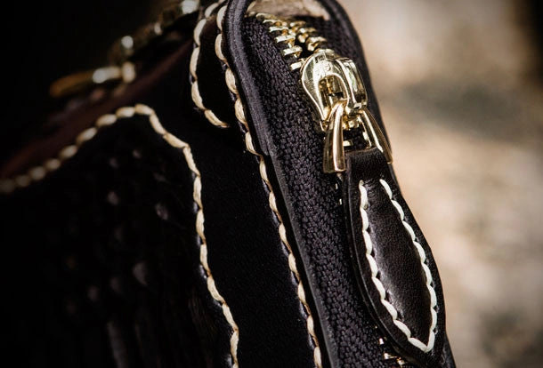 Handmade leather raw python skin biker wallet long wallet black leather chain wallet for men