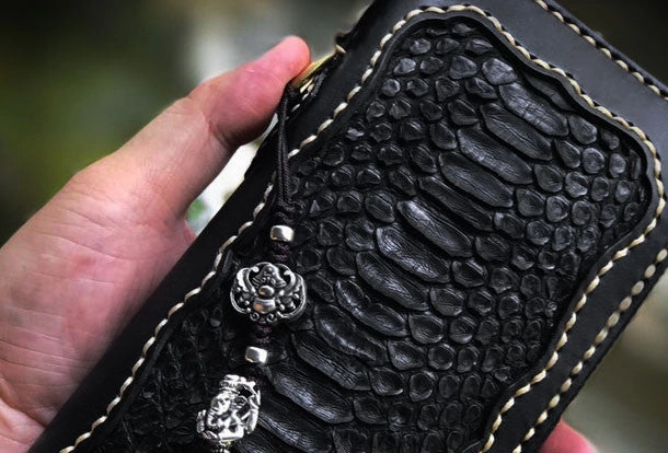 Handmade leather raw python skin biker wallet long wallet black leather chain wallet for men