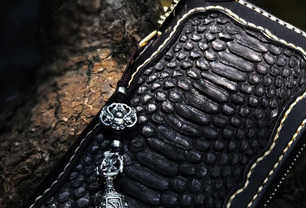 Handmade leather raw python skin biker wallet long wallet black leather chain wallet for men
