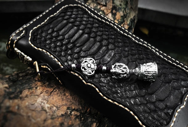 Handmade leather raw python skin biker wallet long wallet black leather chain wallet for men