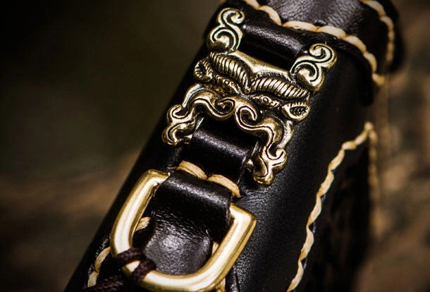 Handmade leather raw python skin biker wallet long wallet black leather chain wallet for men