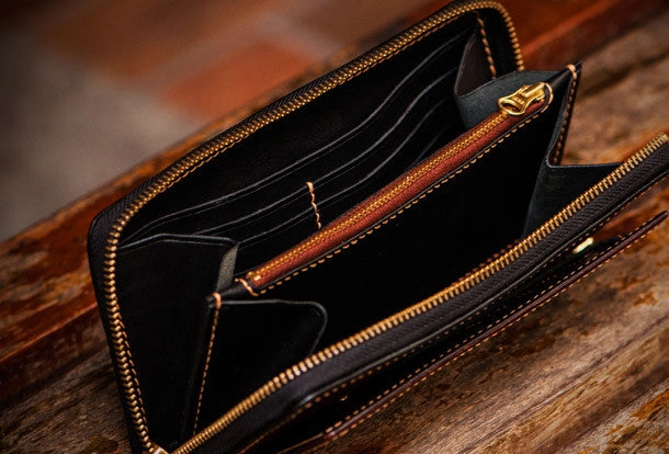 Handmade leather Sea God biker wallet clutch zip long wallet brown leather men Tooled