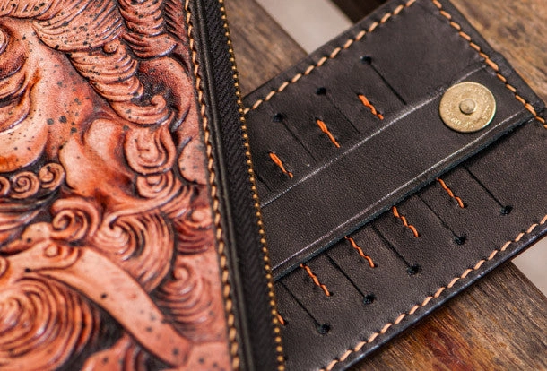Handmade leather Sea God biker wallet clutch zip long wallet brown leather men Tooled