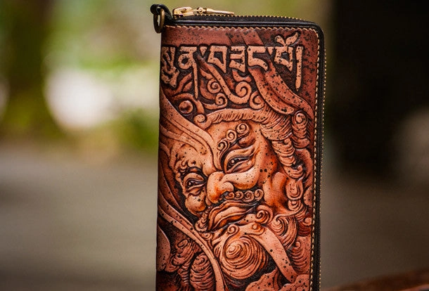 Handmade leather Sea God biker wallet clutch zip long wallet brown leather men Tooled