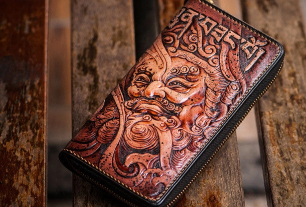 Handmade leather Sea God biker wallet clutch zip long wallet brown leather men Tooled