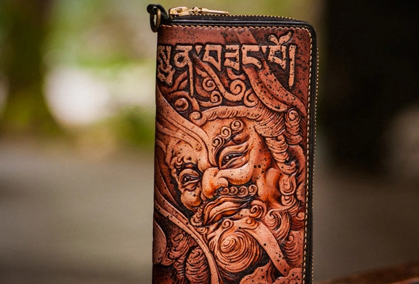 Handmade leather Sea God biker wallet clutch zip long wallet brown leather men Tooled