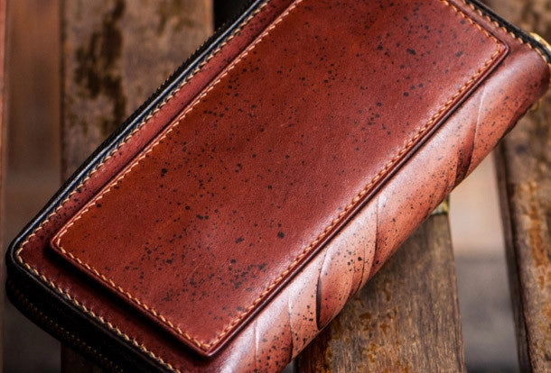 Handmade leather Sea God biker wallet clutch zip long wallet brown leather men Tooled