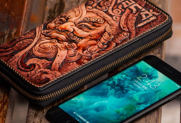 Handmade leather Sea God biker wallet clutch zip long wallet brown leather men Tooled