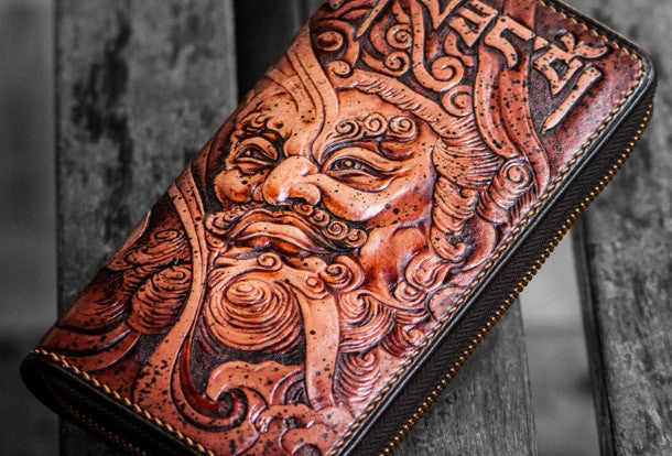 Handmade leather Sea God biker wallet clutch zip long wallet brown leather men Tooled