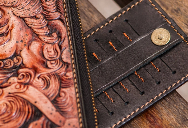 Handmade leather Sea God biker wallet clutch zip long wallet brown leather men Tooled