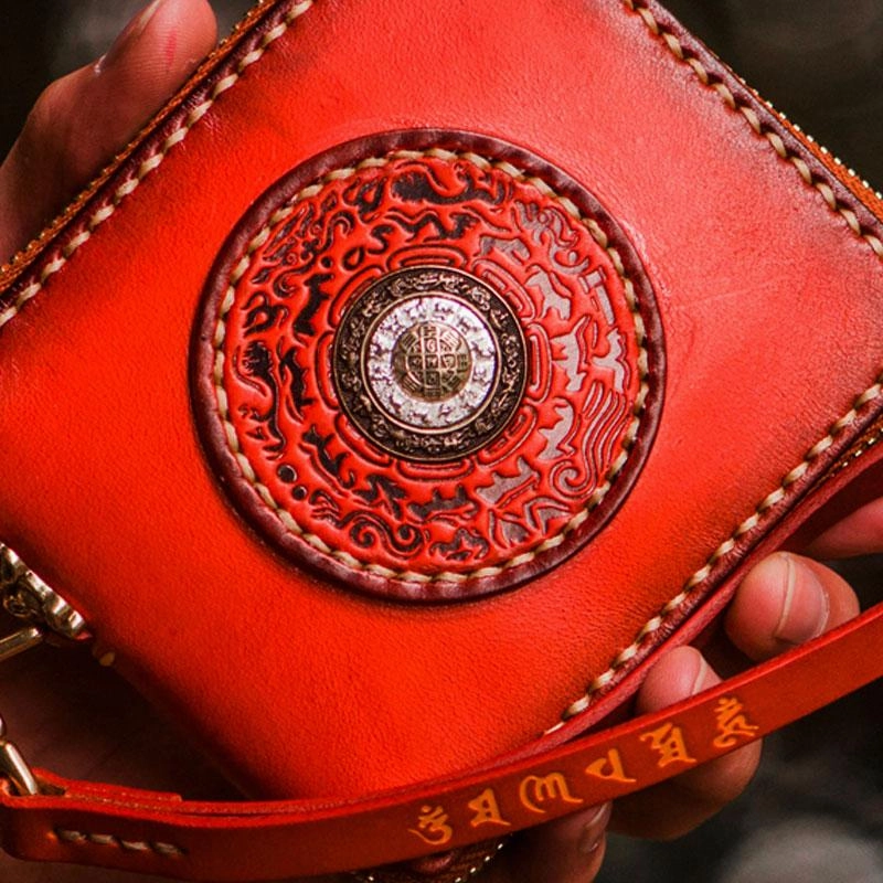 Handmade Leather Small Tibetan Tooled Mens billfold Wallet Cool Chain Wallet Biker Wallet for Men