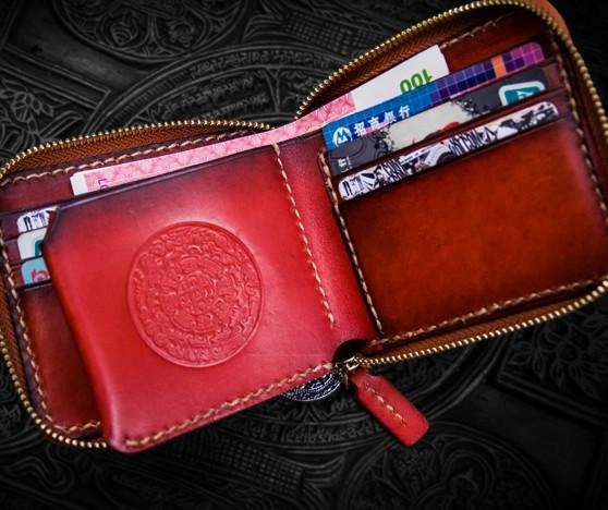 Handmade Leather Small Tibetan Tooled Mens billfold Wallet Cool Chain Wallet Biker Wallet for Men