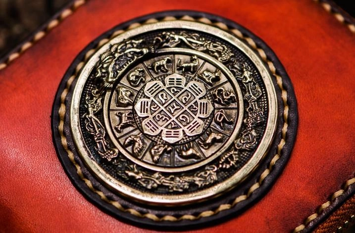 Handmade Leather Small Tibetan Tooled Mens billfold Wallets Cool Chain Wallet Biker Wallet for Men