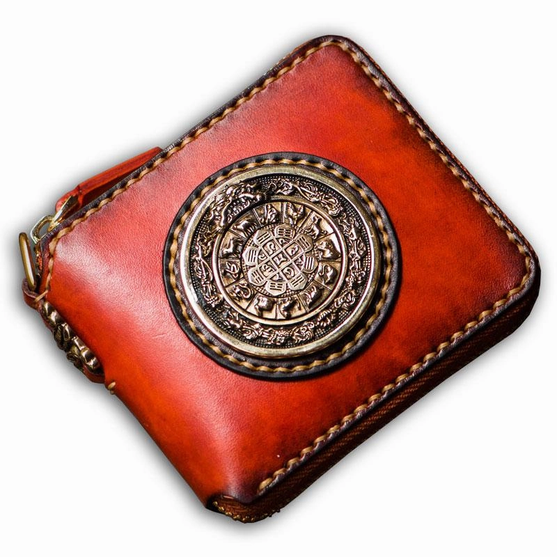 Handmade Leather Small Tibetan Tooled Mens billfold Wallets Cool Chain Wallet Biker Wallet for Men