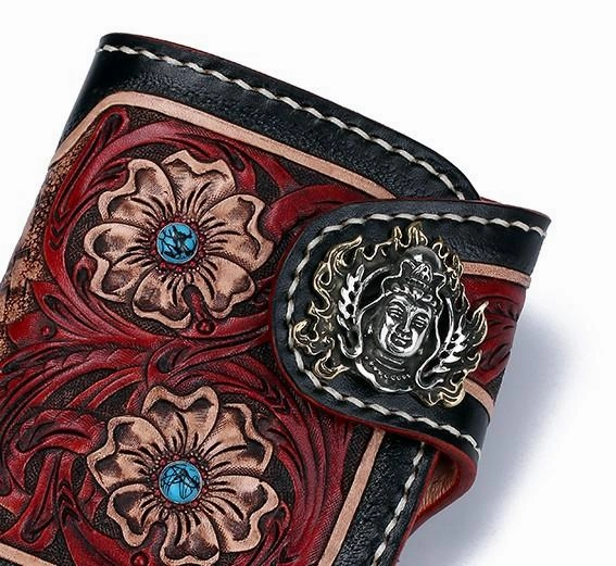 Handmade Leather Small Tooled Floral Mens billfold Wallet Cool Chain Wallet Biker Wallet for Men