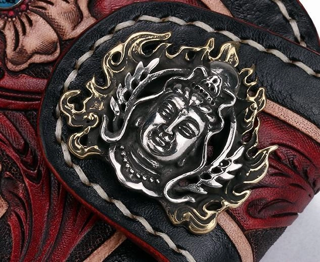 Handmade Leather Small Tooled Floral Mens billfold Wallet Cool Chain Wallet Biker Wallet for Men
