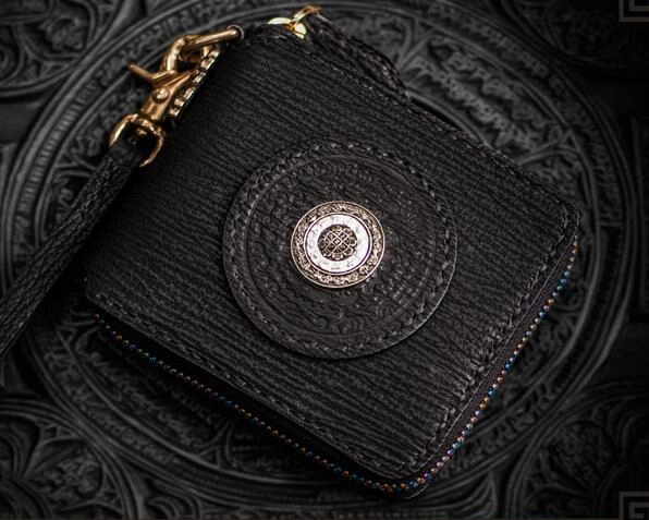 Handmade Leather Small Tooled Mens billfold Chain Wallet Cool Chain Wallet Biker Wallet for Men