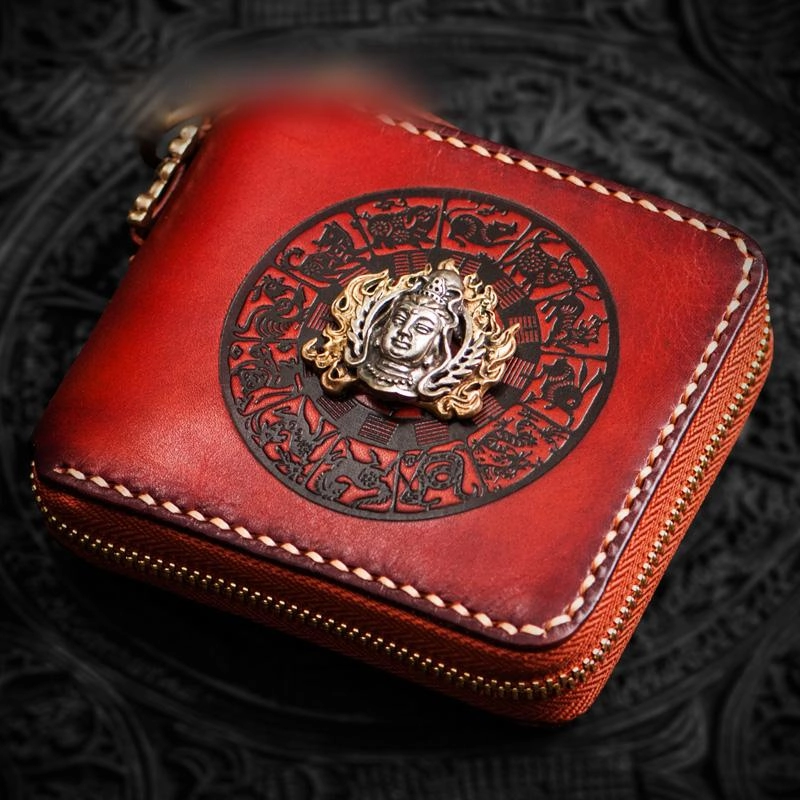 Handmade Leather Small Tooled Mens billfold Wallet Cool Chain Wallet Biker Wallets for Men