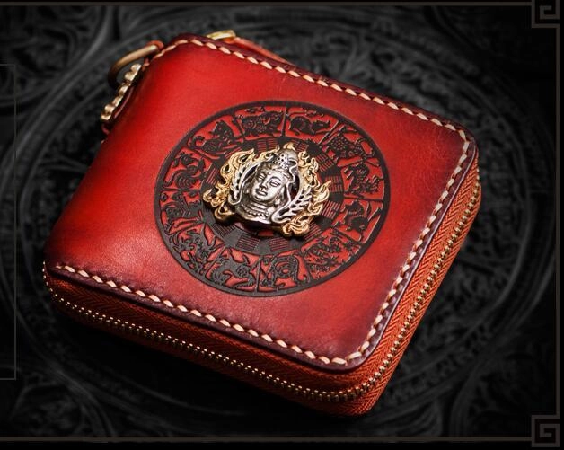 Handmade Leather Small Tooled Mens billfold Wallet Cool Chain Wallet Biker Wallets for Men