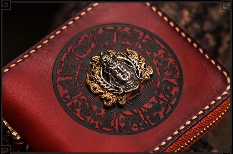 Handmade Leather Small Tooled Mens billfold Wallet Cool Chain Wallet Biker Wallets for Men