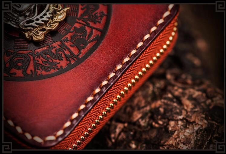 Handmade Leather Small Tooled Mens billfold Wallet Cool Chain Wallet Biker Wallets for Men