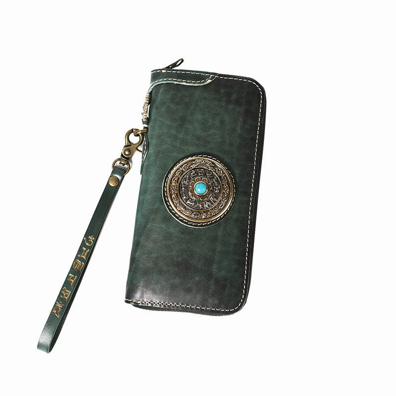Handmade Leather Tibetan Long Biker Wallet Cool Zipper Clutch Wristlet Wallet for Men