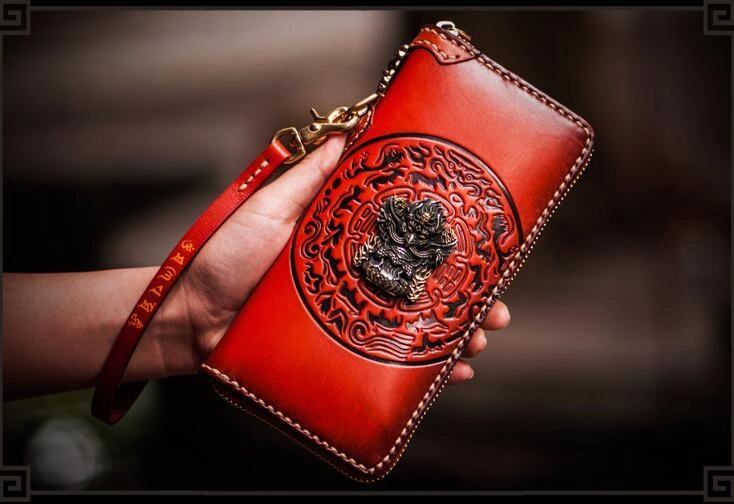 Handmade Leather Tibetan Mens Biker Chain Wallet Cool Leather Wallet Long Chain Wallet for Men
