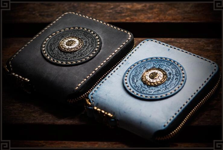 Handmade Leather Tibetan Mens billfold Wallet Cool Chain Wallet Biker Wallet for Men