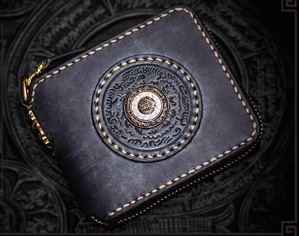 Handmade Leather Tibetan Mens billfold Wallet Cool Chain Wallet Biker Wallet for Men