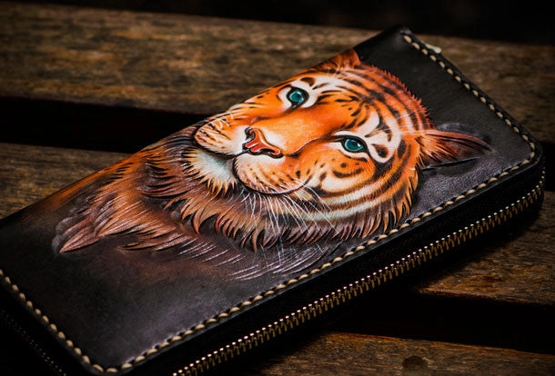 Handmade leather tiger biker wallet long wallet black leather men phone