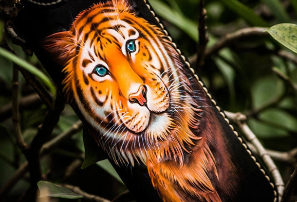 Handmade leather tiger biker wallet long wallet black leather men phone