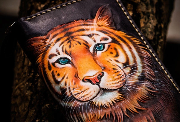 Handmade leather tiger biker wallet long wallet black leather men phone