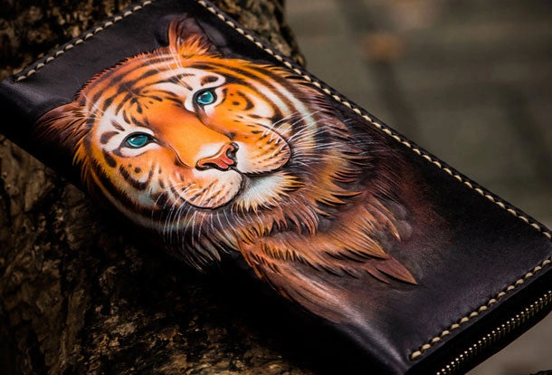 Handmade leather tiger biker wallet long wallet black leather men phone