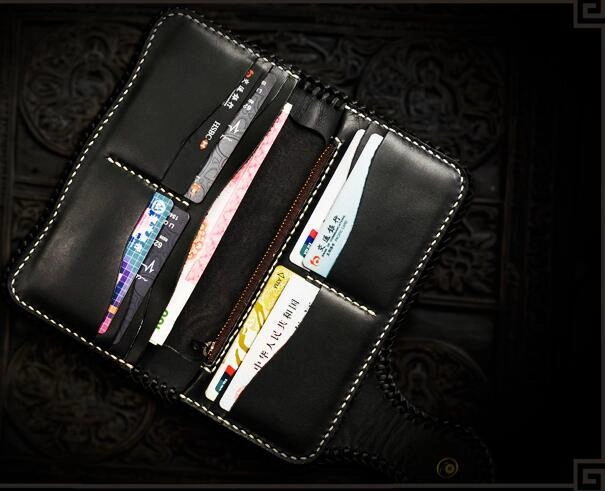 Handmade Leather Tooled Carp Mens Biker Chain Wallet Cool Leather Wallet Long Phone Wallets for Men