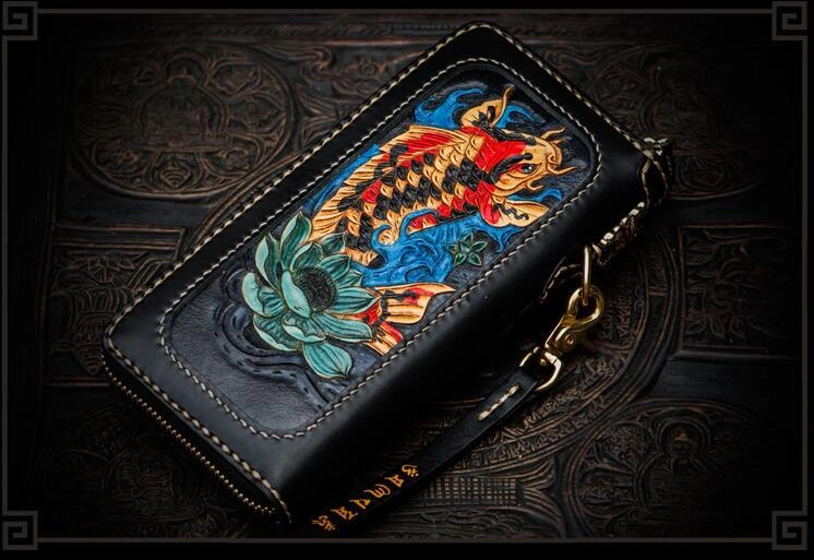 Handmade Leather Tooled Carp Mens Chain Biker Wallet Cool Leather Wallet Long Phone Wallets for Men