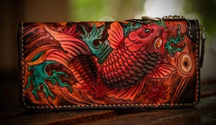 Handmade Leather Tooled Carp Mens Chain Biker Wallets Cool Leather Wallet Long Wallets for Men