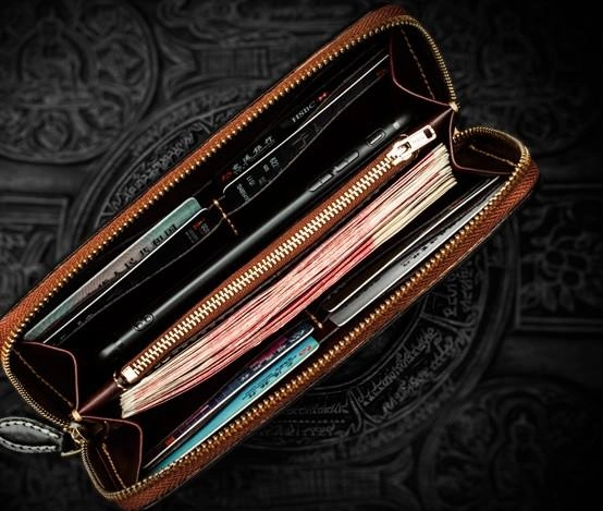 Handmade Leather Tooled Carp Mens Chain Biker Wallets Cool Leather Wallet Long Wallets for Men