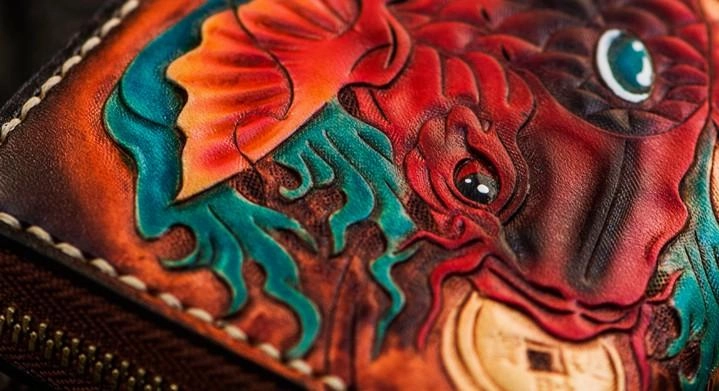 Handmade Leather Tooled Carp Mens Chain Biker Wallets Cool Leather Wallet Long Wallets for Men